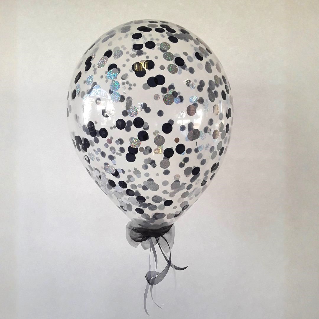 Konfettiballon mit Schleife schwarz-silber