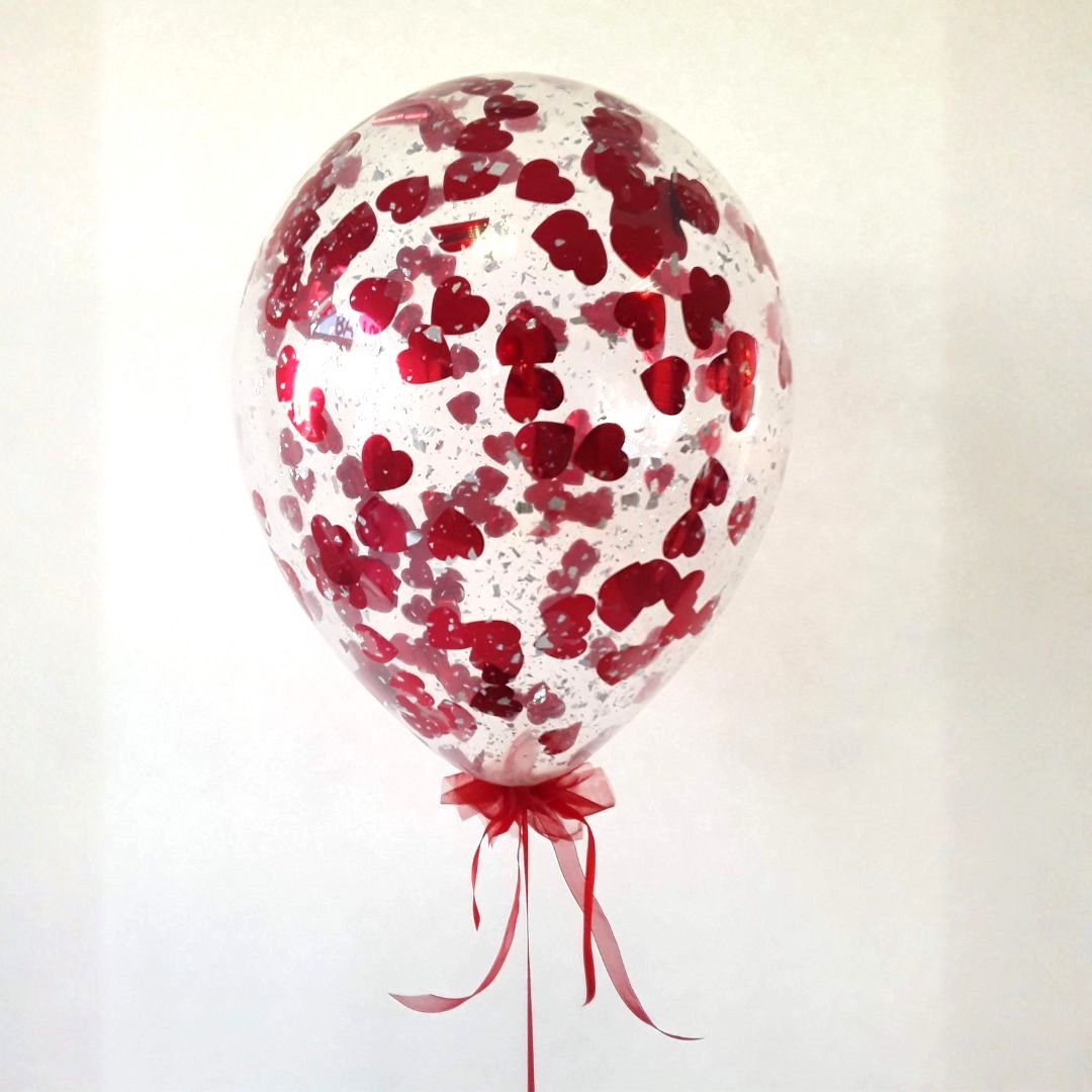 Konfettiballon mit Schleife Herzen rot
