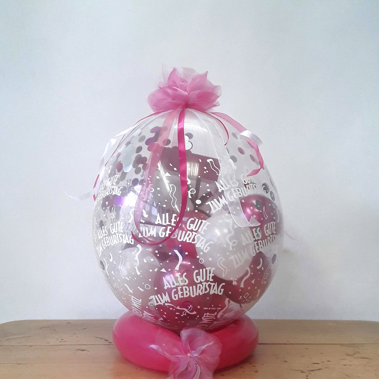 Ballon mit rosafarbenem Geburtstagsaufdruck, rosa Innenballons, Schleifen und Deko, geeignet als Geldgeschenk