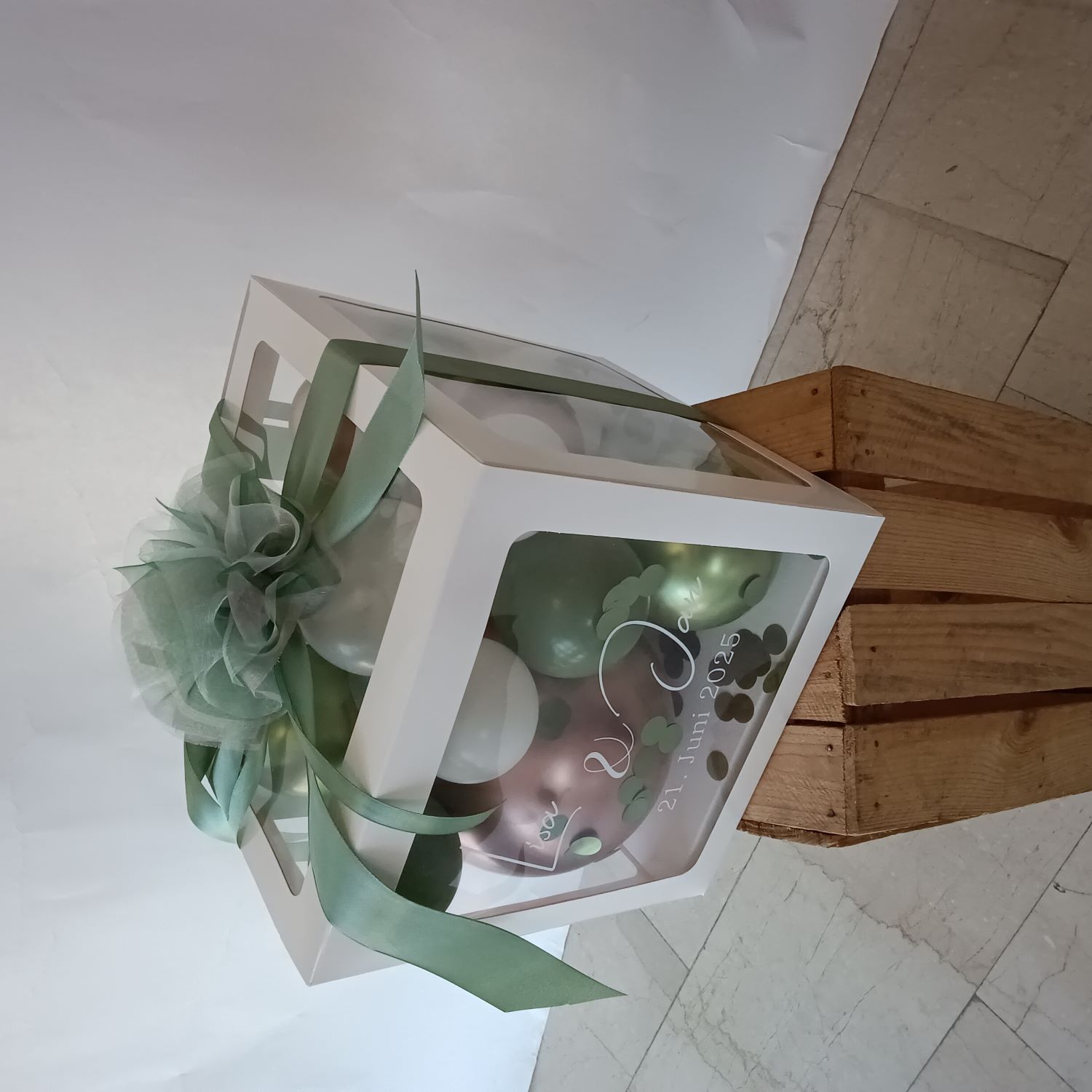 Ballonbox Hochzeit – personalisierbar - Konfetti Grün-Rosegold