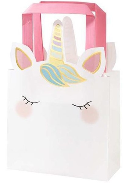Geschenktüte weiß mit Augen und einem  bunten Horn für ein Einhorn, henkel in Pink