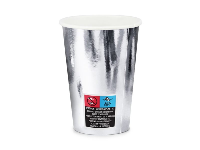 Becher in silber mit 220 ml Fassungsvermögen Umwelthinweis enthält Kunststoff
